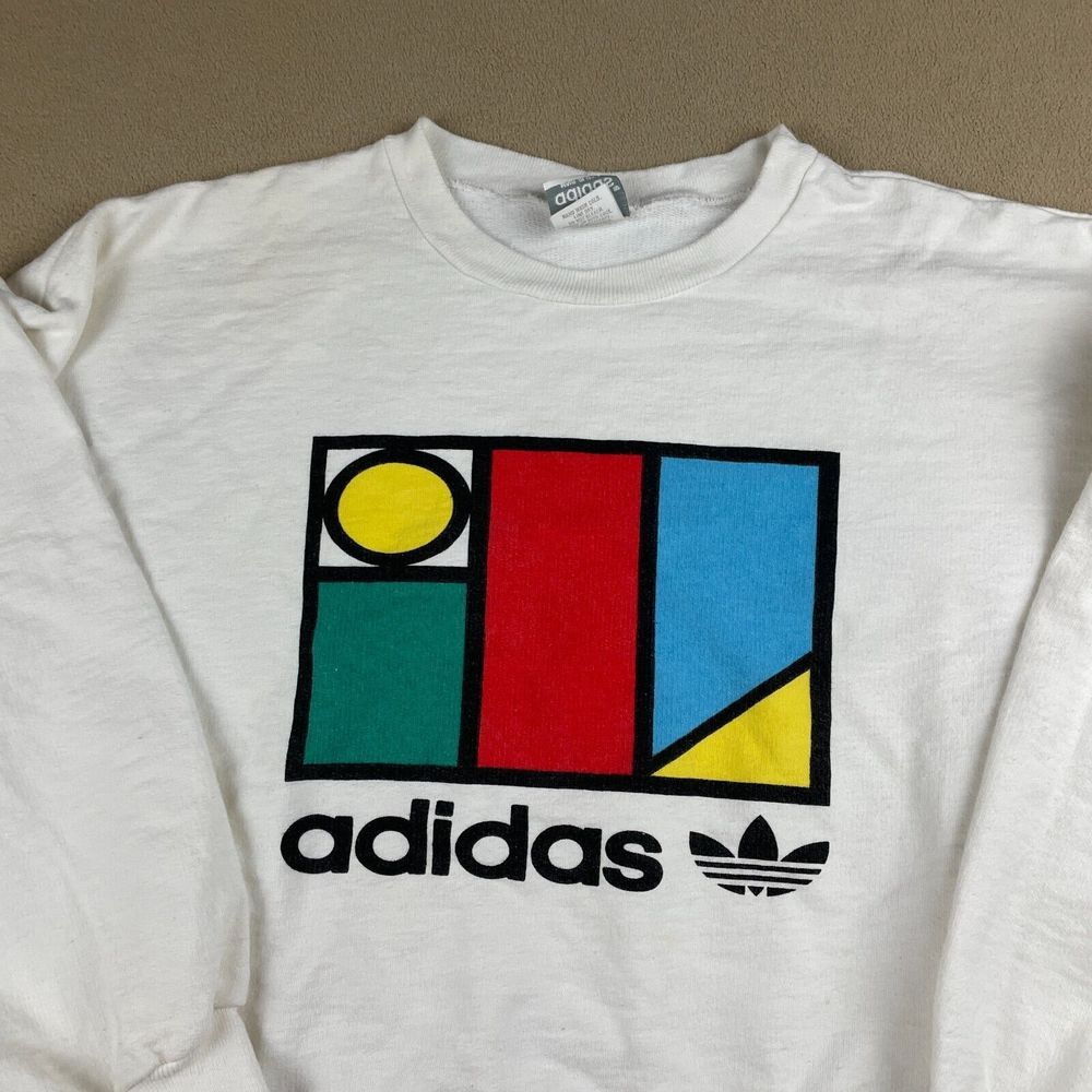 Vintage Adidas Sweater Mens Medium 80s Logo Pullover White Sports Graphic - Picture 3 of 11